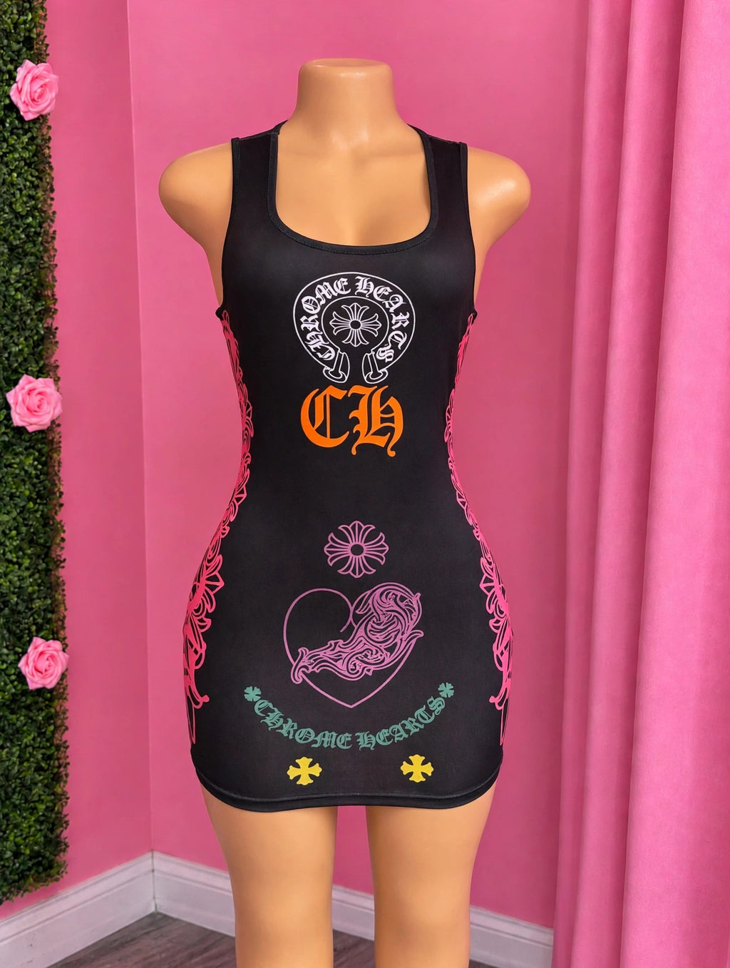 AFTER MIDNIGHT black graphic mini dress on mannequin