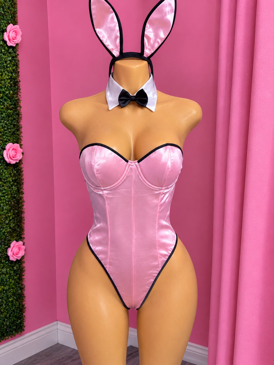 BUNNY pink bunny costume bodysuit on mannequin, front view