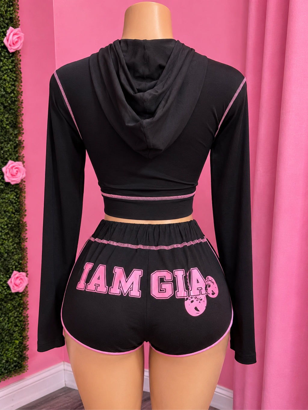 CHERRY ON TOP black Gia jacket two-piece set back on mannequin - cherry I am Gia shorts