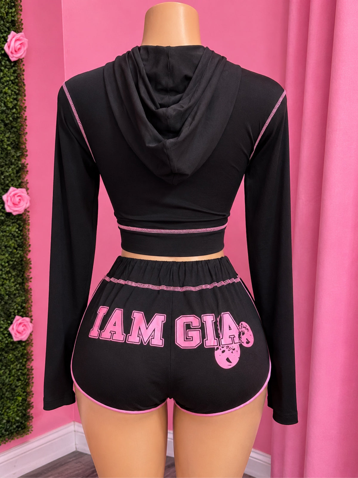 CHERRY ON TOP black Gia jacket two-piece set back on mannequin - cherry I am Gia shorts