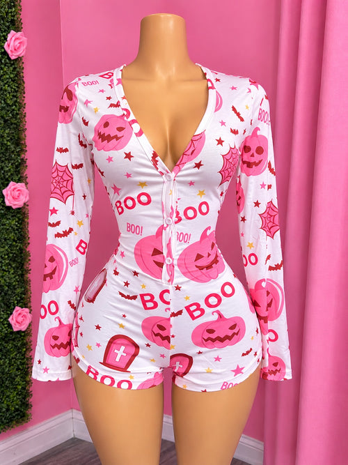 BOO black rhinestone romper onesie on mannequin, front view