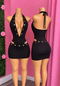 FOREVER HIS black grommet halter dress front and back on mannequin