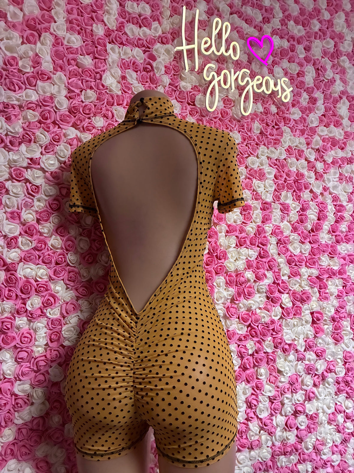 HONEY I'm HER yellow polka dot romper back - open back with scrunch shorts