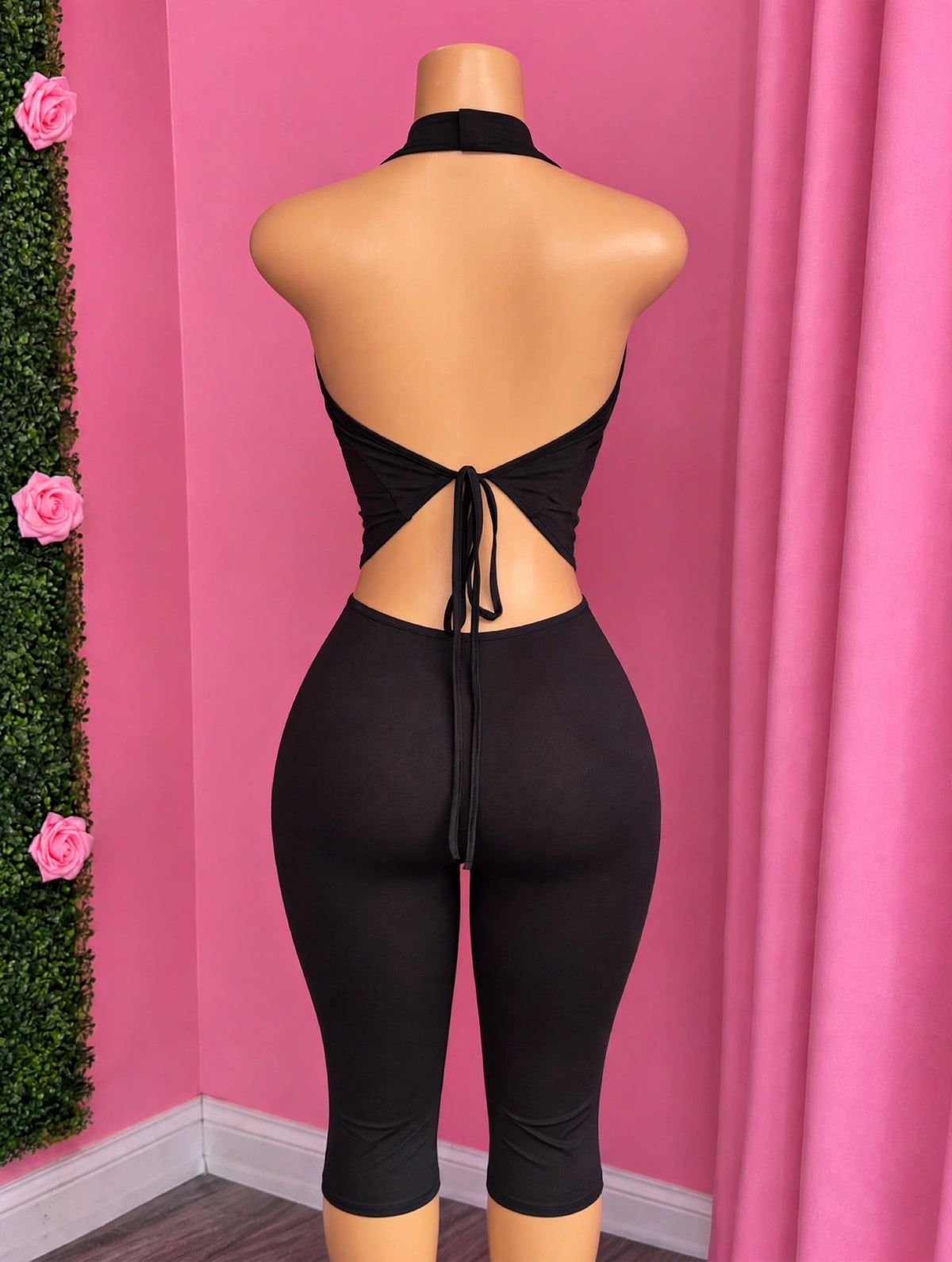 ON HIS MIND two-piece set back view with open tie-back on mannequin