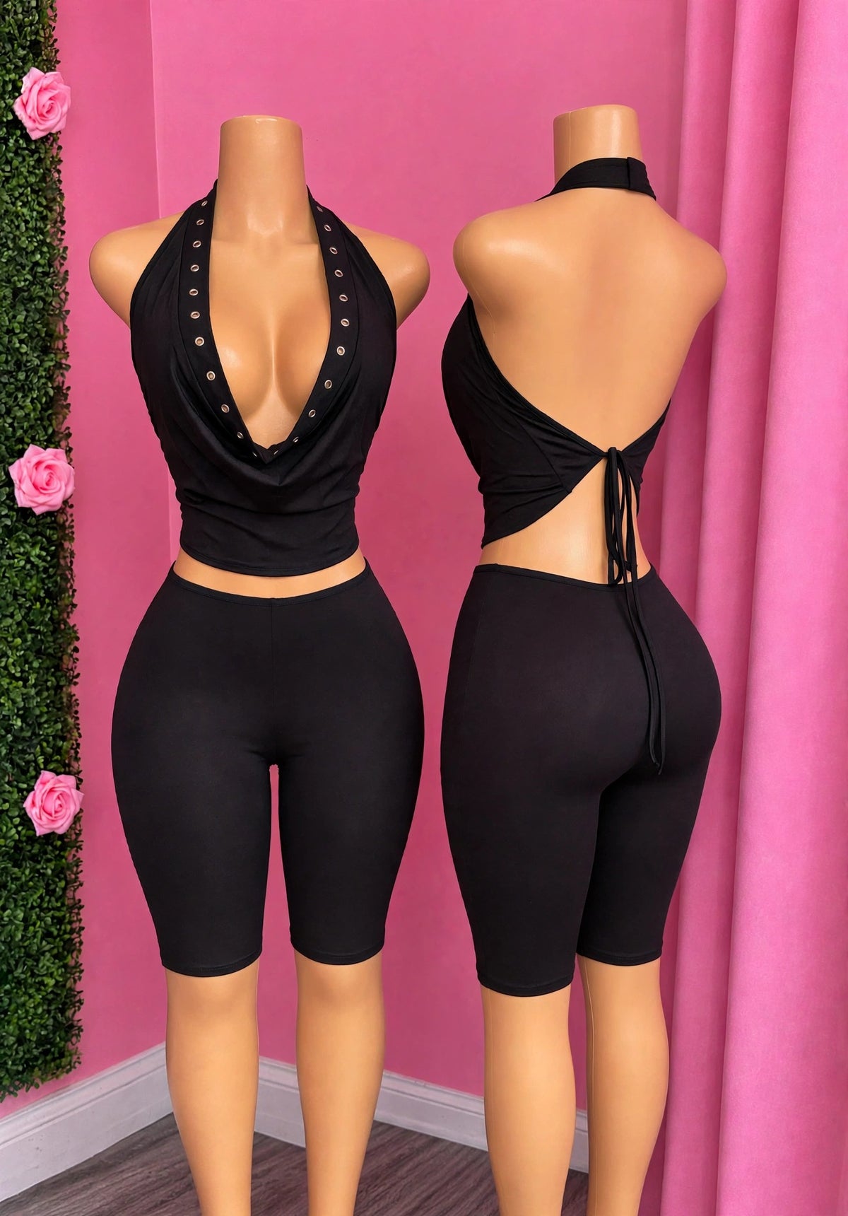 On His Mind — Black Two-Piece Set With Draped Cowl Halter Top & Silver Grommet Detailing