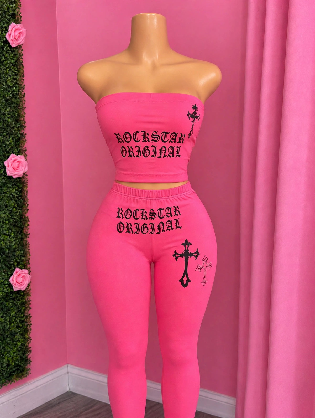 ROCKSTARRR hot pink two-piece set on mannequin